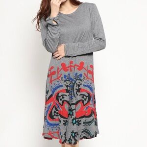 Desigual Gray Jersey Midi Dress Red, Black, Blue Abstract Pattern with Pockets!